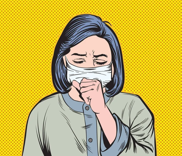Öksürük maskesi takan bir kadın. Pop Art Hand çizilmiş biçim vektör tasarımı çizimleri.