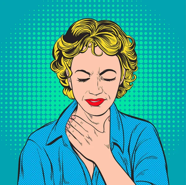 Women Sore Throat Fever Difficulty Swallowing Pop Art Retro Vector — Stock Vector