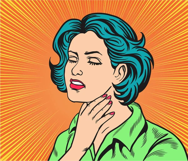 Wanita Dengan Sakit Tenggorokan Demam Kesulitan Menelan Komik Ilustrasi Retro - Stok Vektor