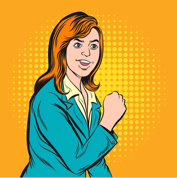 ビジネスの女性は自信を持って笑顔で拳を上げる レトロベクトルイラスト漫画 — ストックベクタ