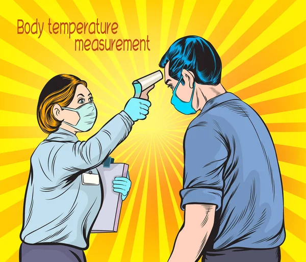 Női Tisztek Használnak Testhőmérséklet Mérő Eszközök Emberek Pop Art Kézzel — Stock Vector