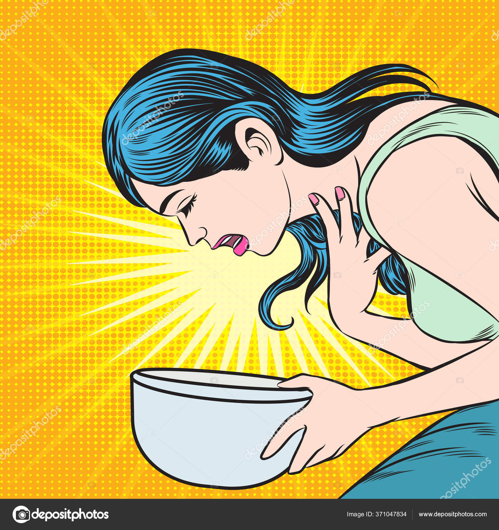 Women Coughing Sore Throat Vomiting Pop Art Retro Hand Drawn Stock