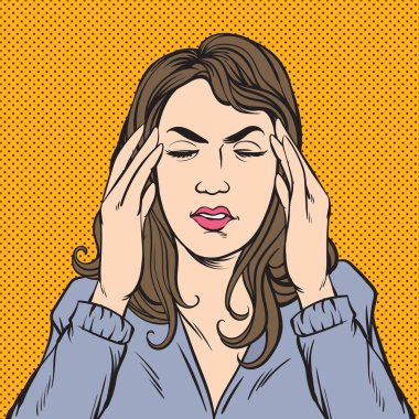 Başı ağrıyan kız. Pop Art retro illüstrasyon karikatür biçimi Vektörü.