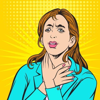 Hasta kadınlar, göğüs ağrısı, nefes darlığı. Pop Art retro illüstrasyon karikatür biçimi Vektörü.