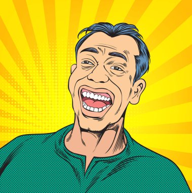 Gülen bir adam. Pop Art retro illüstrasyon karikatür biçimi Vektörü