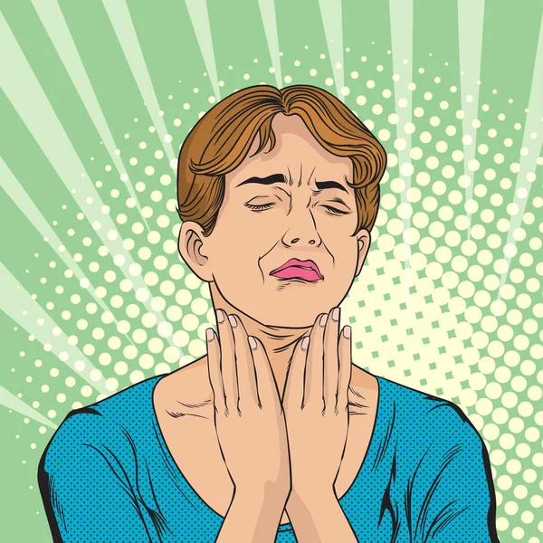 Seorang Wanita Dengan Sakit Tenggorokan Sangat Menyakitkan Harus Mengangkat Tangan - Stok Vektor