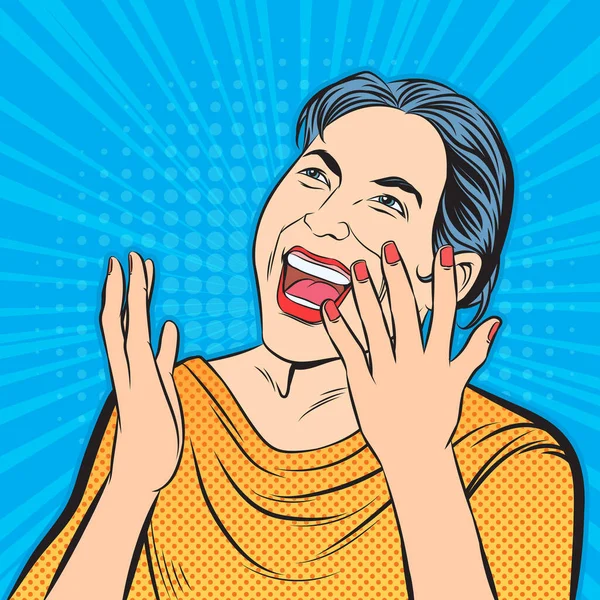 Kobieta Śmiała Się Szczęśliwie Pop Art Retro Ręcznie Rysowane Styl — Wektor stockowy