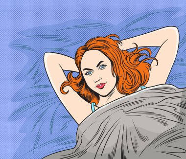 Bir kadın dinlenmek için yatağa gidiyor. Pop art retro illüstrasyon çizgi roman tarzı vektörü.
