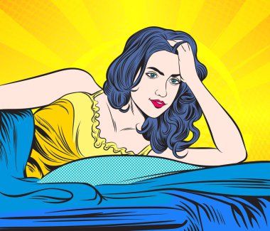 Bir kadın dinlenmek için yatağa gidiyor. Pop art retro illüstrasyon çizgi roman tarzı vektörü.