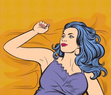 Bir kadın dinlenmek için yatağa gidiyor. Pop art retro illüstrasyon çizgi roman tarzı vektörü.