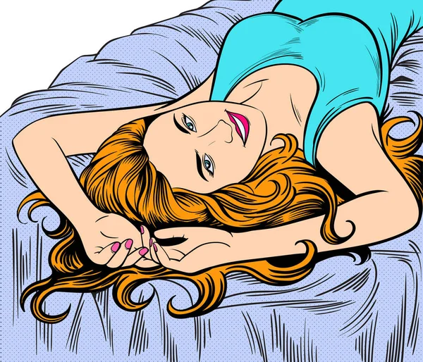 Bir Kadın Dinlenmek Için Yatağa Gidiyor Pop Art Retro Illüstrasyon — Stok Vektör