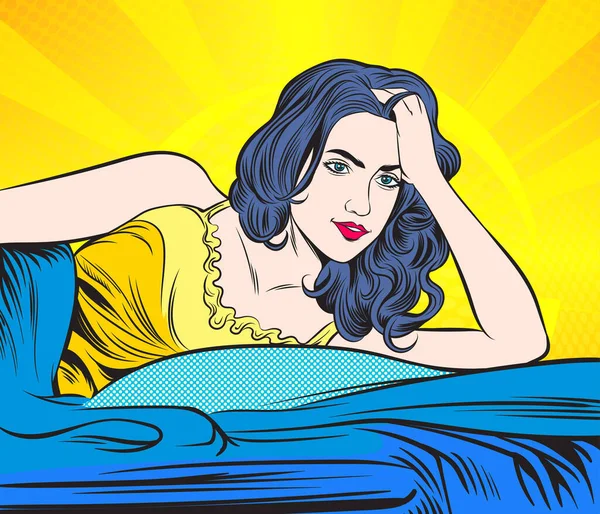 Seorang Wanita Pergi Tidur Untuk Beristirahat Pop Art Retro Ilustrasi - Stok Vektor