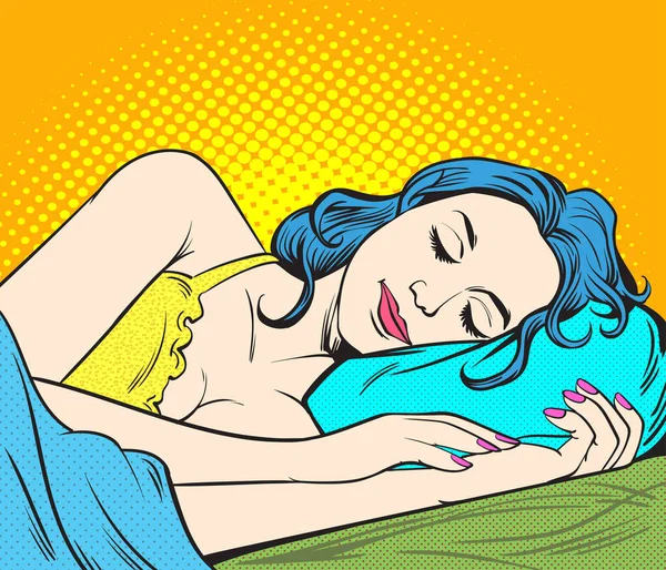 Wanita Itu Tidur Pop Art Retro Ilustrasi Vektor Gaya Komik - Stok Vektor