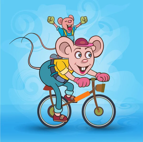 流行艺术2老鼠喜欢骑自行车 彩色海报 矢量漫画插图 — 图库矢量图片