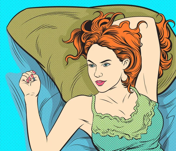 Bir kadın dinlenmek için yatağa gidiyor. Pop art retro illüstrasyon çizgi roman tarzı vektörü.