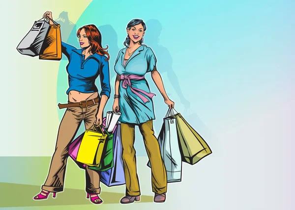 Les Femmes Aiment Faire Shopping Grandes Réductions Acheter Des Produits — Image vectorielle