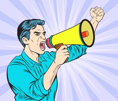 Megafonla konuşan adamlar. Pop art retro illüstrasyon çizgi roman tarzı vektörü.