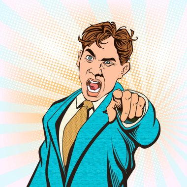 Genç adam, parmağını göstererek bağırdı. Pop art retro vektör illüstrasyon klasiği. Görüntü arka planda ayrılmış..