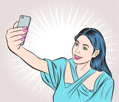 Sosyal medya ağlarında akıllı telefondan selfie çeken güzel genç kadınlar. Pop sanat vektör illüstrasyonu. Resim arkaplandan ayrıldı