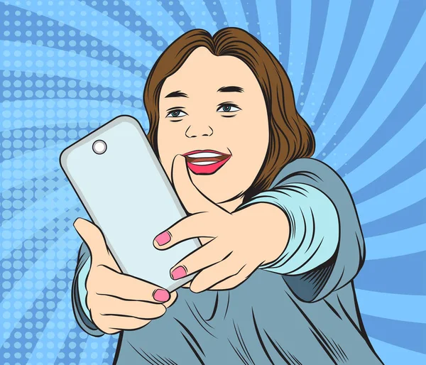 Seorang Gadis Mengambil Foto Selfie Smartphone Media Jejaring Sosial Ilustrasi - Stok Vektor