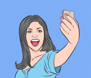 Sosyal medya ağlarında akıllı telefondan selfie çeken güzel genç kadınlar. Pop sanat vektör illüstrasyonu. Resim arkaplandan ayrıldı