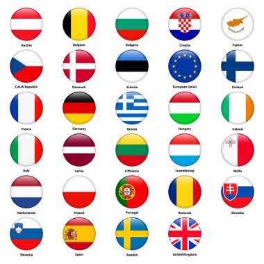 Avrupa Birliği ülkelerinin tüm bayraklar. Yuvarlak parlak stili
