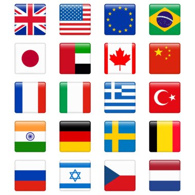 Popüler ülke bayrakları kümesi. Parlak kare vektör Icon set