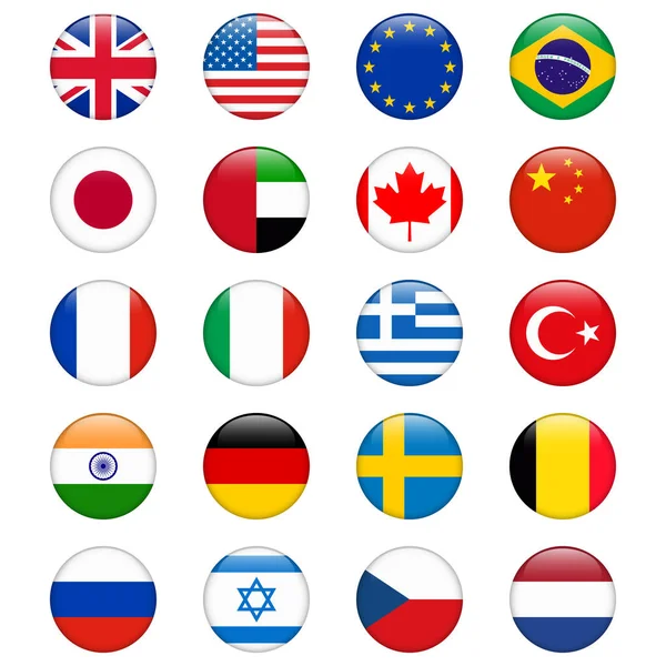 Set of popular country flags. Glossy round vector icon set — Stock Vector