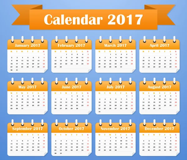 Calendario Europeo para 2017. La semana comienza el lunes — Vector de stock