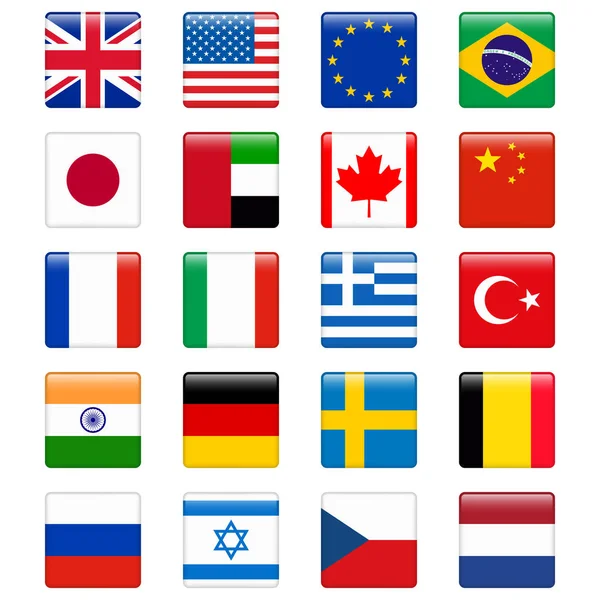 Set of popular country flags. Glossy square vector icon set — Stock Vector