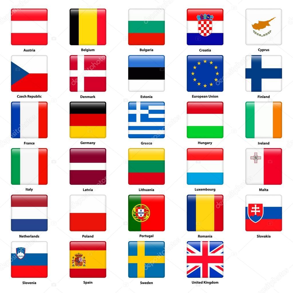 Kraje Unii Europejskiej Flagi All flags of the countries of the European Union. Square glossy style