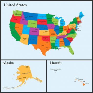 Alaska ve Hawaii de dahil olmak üzere ABD Detaylı Haritası. Amerika Birleşik Devletleri başkentleri ve en büyük şehirler ile