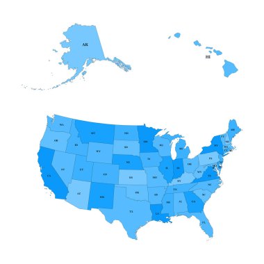Amerika Birleşik Devletleri, Alaska ve Hawaii de dahil olmak üzere ayrıntılı haritası. Her eyalet kısaltması ile Amerika Birleşik Devletleri
