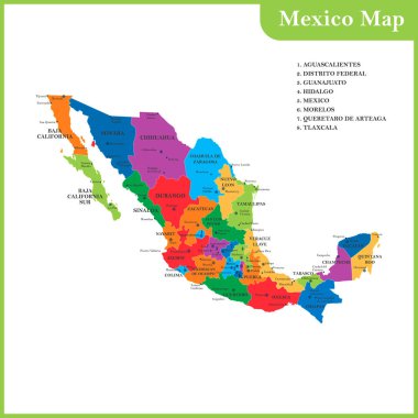 Meksika bölgeler veya Birleşik ve şehirler, büyük harfler ile Detaylı Haritası