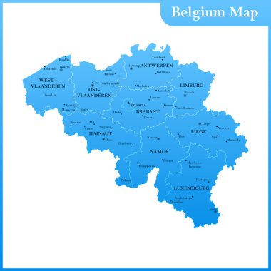 Bölgeler veya Birleşik ve şehirler, büyük harfler ile Belçika Detaylı Haritası