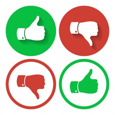 Yukarı ve aşağı sembolleri başparmak. İnsan el simgesi. Bir kayıt gibi ve sevmemek. İyi ya da kötü işaretleri oylama