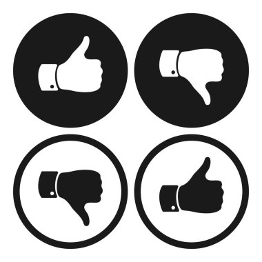 Yukarı ve aşağı sembolleri başparmak. İnsan el simgesi. Bir kayıt gibi ve sevmemek. İyi ya da kötü işaretleri oylama