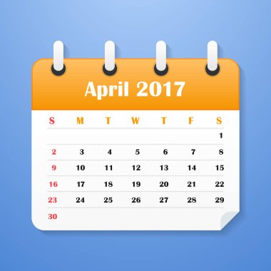 ABD takvim Nisan 2017. Hafta Pazar günü başlar.