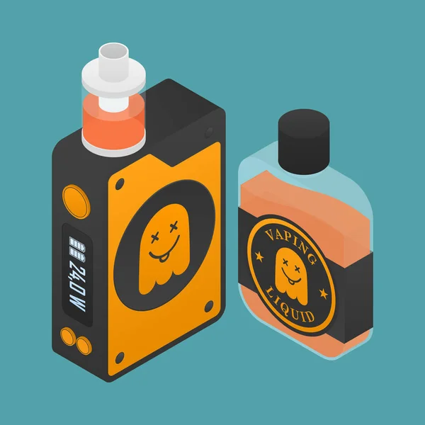 Isometrische pictogram van Vape apparaat met ghost silhouet. Elektronische sigaret met e-liquid fles. Vector Vaping symbool. Vak mod met Rebuildable tank atomizer clearomizer, cartomizer. — Stockvector