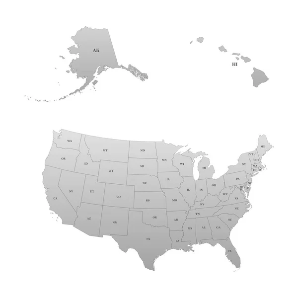 Mapa detallado de los Estados Unidos, incluyendo Alaska y Hawaii. Estados Unidos con cada abreviatura estatal — Archivo Imágenes Vectoriales