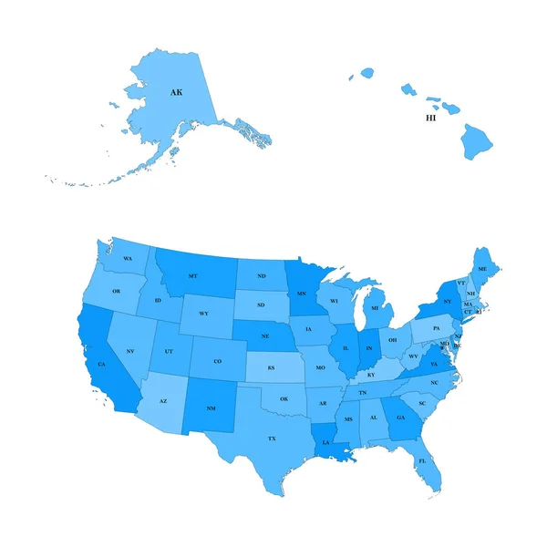 Amerika Birleşik Devletleri, Alaska ve Hawaii de dahil olmak üzere ayrıntılı haritası. Her eyalet kısaltması ile Amerika Birleşik Devletleri — Stok Vektör