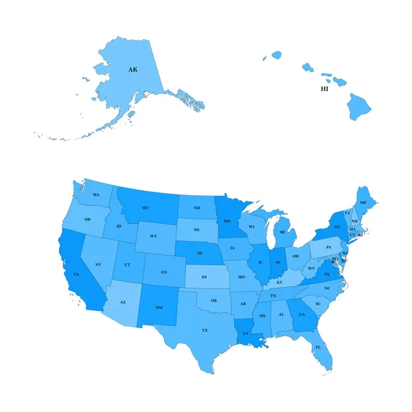 アラスカとハワイを含むアメリカ合衆国の詳細地図。各状態の省略形を持つアメリカ合衆国 — ストックベクタ