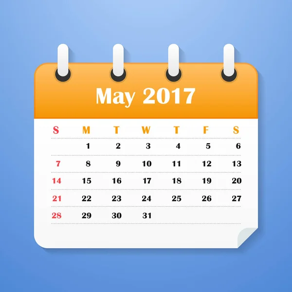 Calendario de Estados Unidos para mayo de 2017. La semana comienza el domingo . — Vector de stock