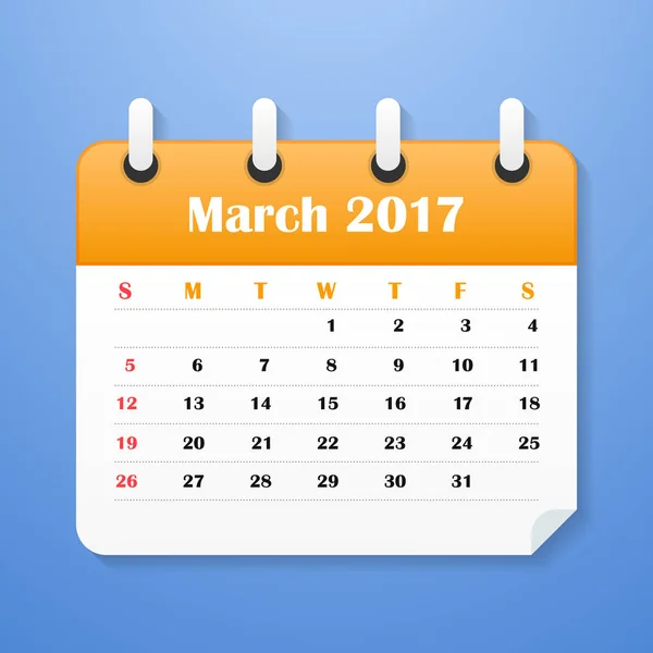 Calendario Europeo de marzo de 2017. La semana comienza el lunes. Ilustración vectorial — Vector de stock