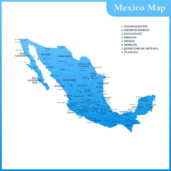 El mapa detallado del México con regiones o estados y ciudades, capitales — Vector de stock