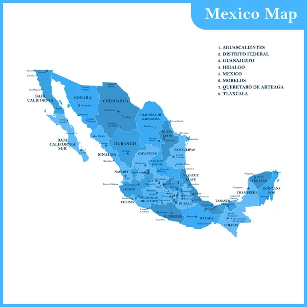 Meksika bölgeler veya Birleşik ve şehirler, büyük harfler ile Detaylı Haritası — Stok Vektör