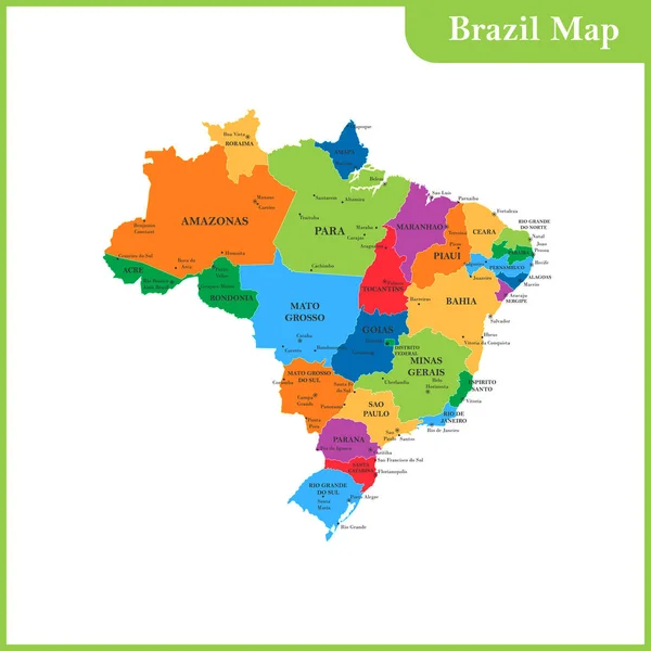 La mappa dettagliata del Brasile con regioni o stati e città, capitali — Vettoriale Stock
