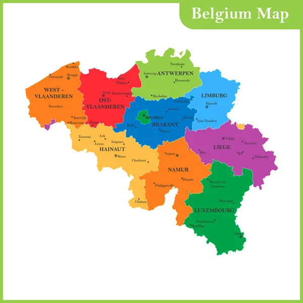 La mappa dettagliata del Belgio con regioni o stati e città, capitali — Vettoriale Stock