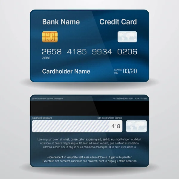 Detailed realistic vector credit card. Front and back side. Money, payment symbol — Stock Vector