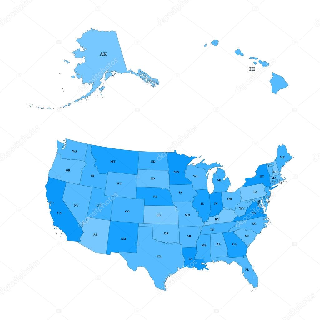 Detailed map of the United States, including Alaska and Hawaii. United States with each state abbreviation